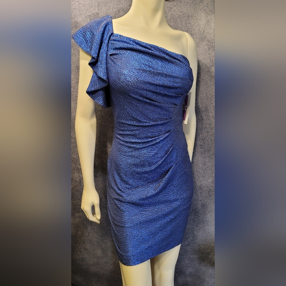 NWT Adrianna Papell Hailey Logan Blue Bodycon One Sleeve Metallic Dress Small